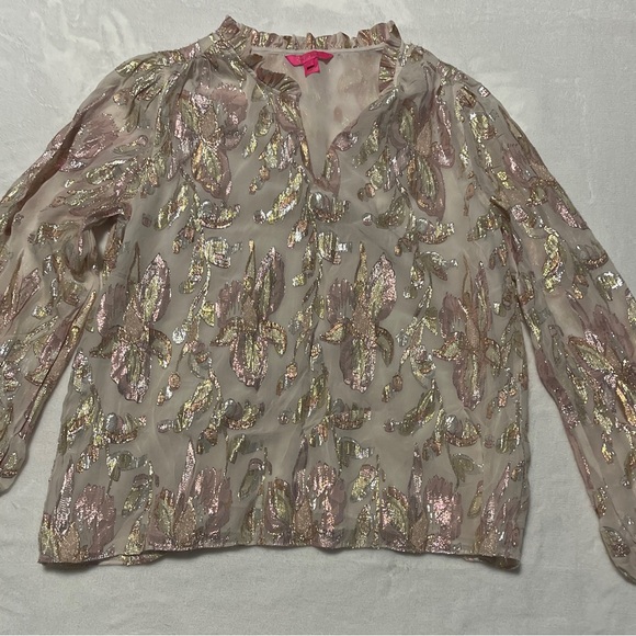 Lilly Pulitzer Tops - Lilly Pulitzer Sheer Blouse with Pink and Gold Metallic Leaf Motif